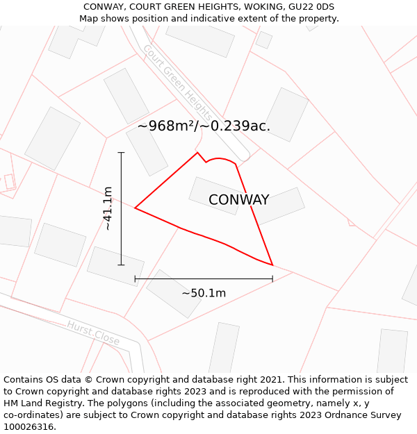 CONWAY, COURT GREEN HEIGHTS, WOKING, GU22 0DS: Plot and title map