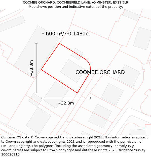 COOMBE ORCHARD, COOMBEFIELD LANE, AXMINSTER, EX13 5LR: Plot and title map