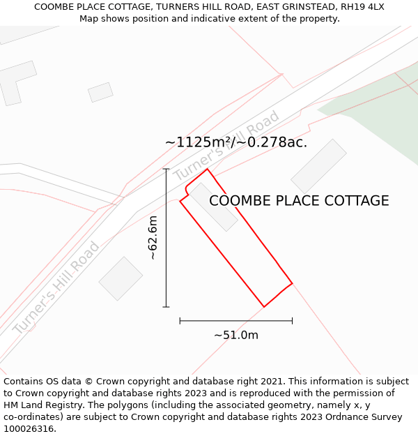 COOMBE PLACE COTTAGE, TURNERS HILL ROAD, EAST GRINSTEAD, RH19 4LX: Plot and title map