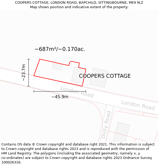 COOPERS COTTAGE, LONDON ROAD, BAPCHILD, SITTINGBOURNE, ME9 9LZ: Plot and title map