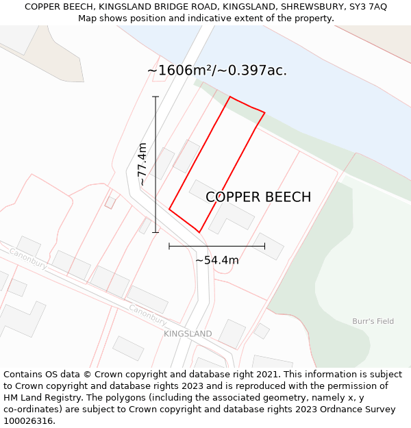 COPPER BEECH, KINGSLAND BRIDGE ROAD, KINGSLAND, SHREWSBURY, SY3 7AQ: Plot and title map