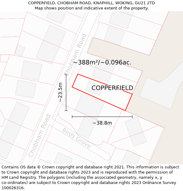 COPPERFIELD, CHOBHAM ROAD, KNAPHILL, WOKING, GU21 2TD: Plot and title map