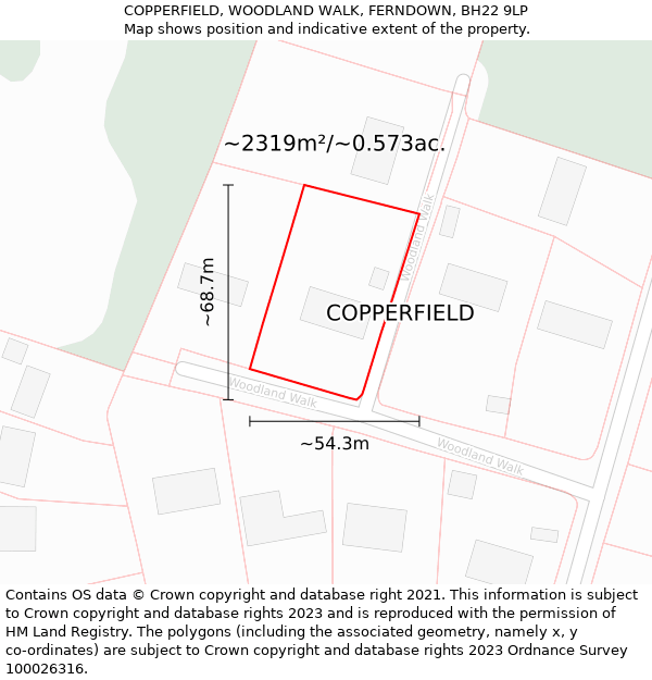 COPPERFIELD, WOODLAND WALK, FERNDOWN, BH22 9LP: Plot and title map