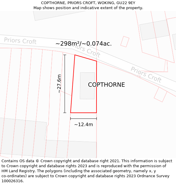 COPTHORNE, PRIORS CROFT, WOKING, GU22 9EY: Plot and title map