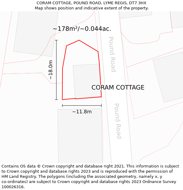CORAM COTTAGE, POUND ROAD, LYME REGIS, DT7 3HX: Plot and title map