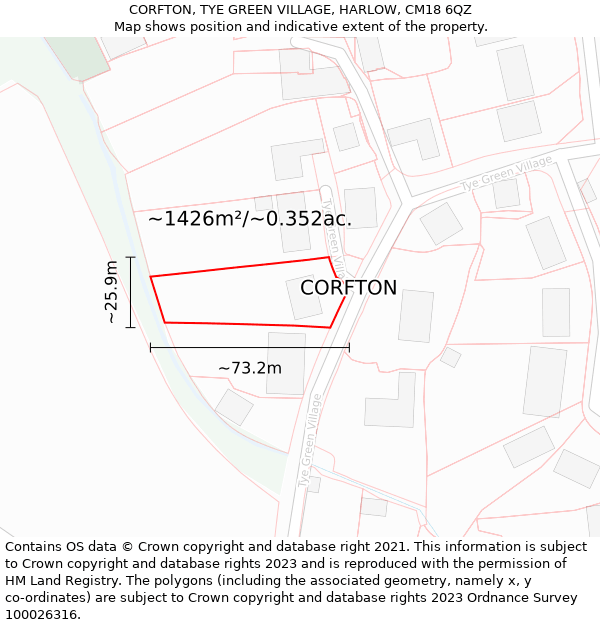 CORFTON, TYE GREEN VILLAGE, HARLOW, CM18 6QZ: Plot and title map