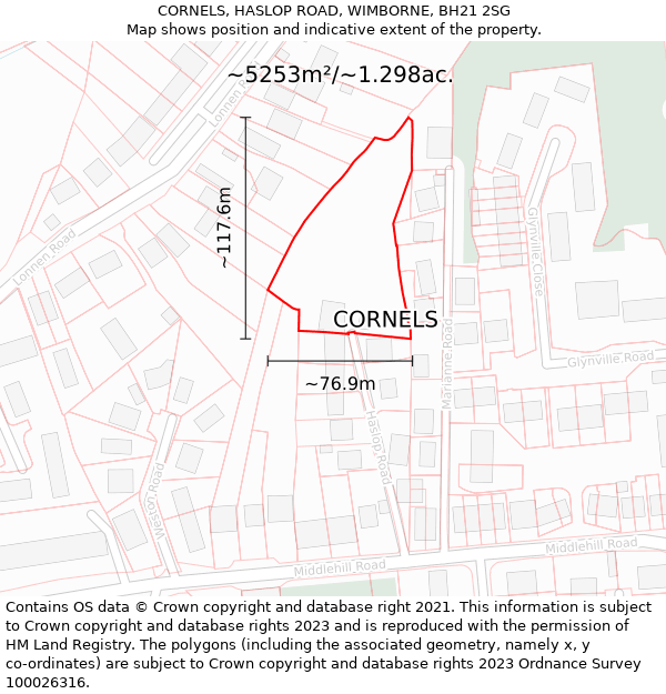 CORNELS, HASLOP ROAD, WIMBORNE, BH21 2SG: Plot and title map