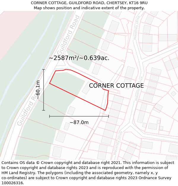 CORNER COTTAGE, GUILDFORD ROAD, CHERTSEY, KT16 9RU: Plot and title map