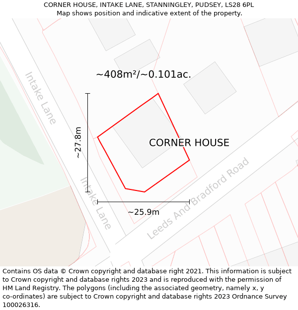 CORNER HOUSE, INTAKE LANE, STANNINGLEY, PUDSEY, LS28 6PL: Plot and title map