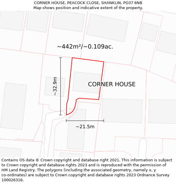 CORNER HOUSE, PEACOCK CLOSE, SHANKLIN, PO37 6NB: Plot and title map