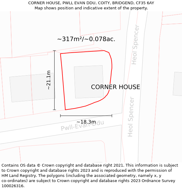 CORNER HOUSE, PWLL EVAN DDU, COITY, BRIDGEND, CF35 6AY: Plot and title map
