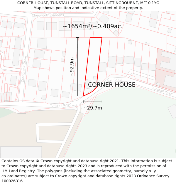 CORNER HOUSE, TUNSTALL ROAD, TUNSTALL, SITTINGBOURNE, ME10 1YG: Plot and title map