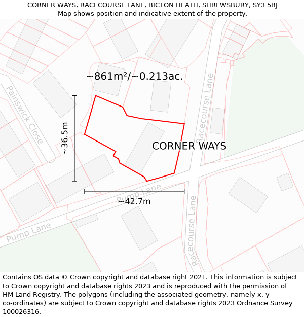 CORNER WAYS, RACECOURSE LANE, BICTON HEATH, SHREWSBURY, SY3 5BJ: Plot and title map