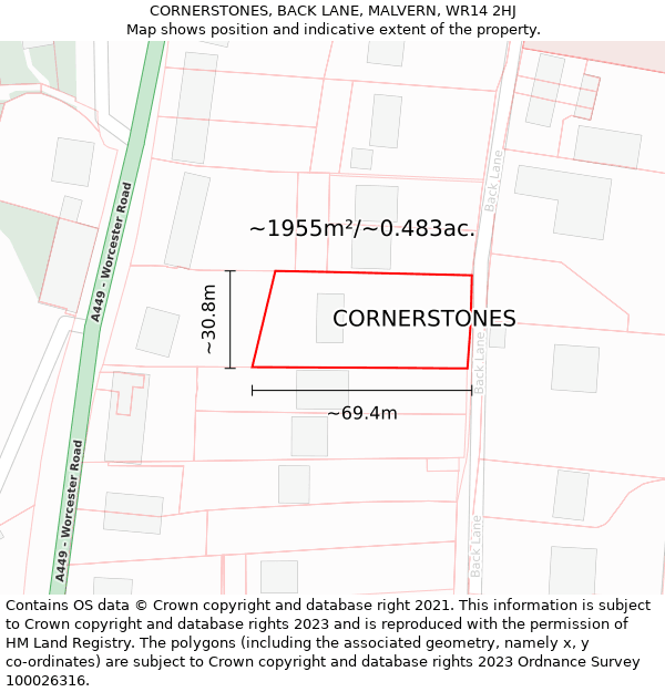 CORNERSTONES, BACK LANE, MALVERN, WR14 2HJ: Plot and title map