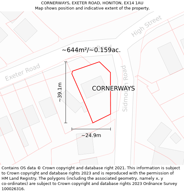 CORNERWAYS, EXETER ROAD, HONITON, EX14 1AU: Plot and title map