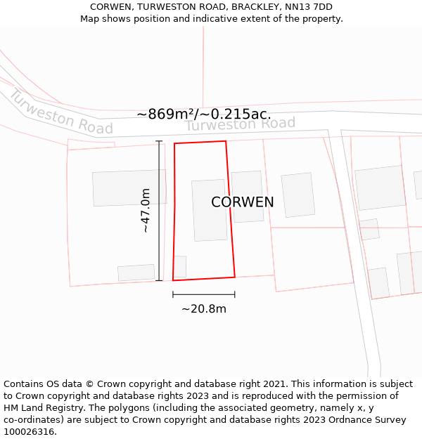 CORWEN, TURWESTON ROAD, BRACKLEY, NN13 7DD: Plot and title map
