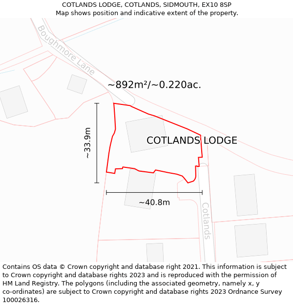 COTLANDS LODGE, COTLANDS, SIDMOUTH, EX10 8SP: Plot and title map
