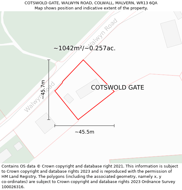 COTSWOLD GATE, WALWYN ROAD, COLWALL, MALVERN, WR13 6QA: Plot and title map