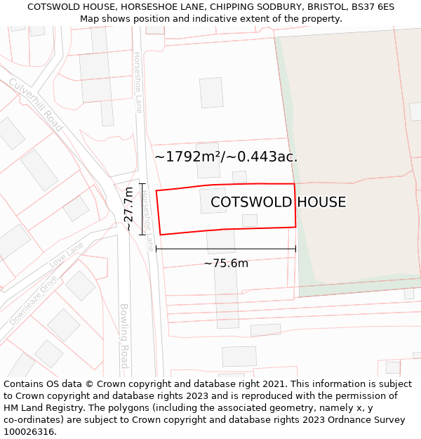 COTSWOLD HOUSE, HORSESHOE LANE, CHIPPING SODBURY, BRISTOL, BS37 6ES: Plot and title map