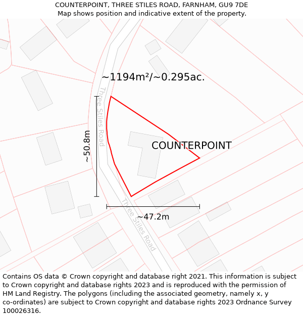 COUNTERPOINT, THREE STILES ROAD, FARNHAM, GU9 7DE: Plot and title map