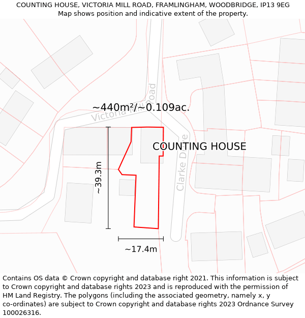 COUNTING HOUSE, VICTORIA MILL ROAD, FRAMLINGHAM, WOODBRIDGE, IP13 9EG: Plot and title map