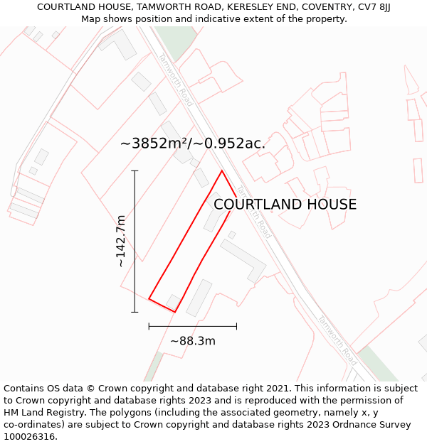 COURTLAND HOUSE, TAMWORTH ROAD, KERESLEY END, COVENTRY, CV7 8JJ: Plot and title map