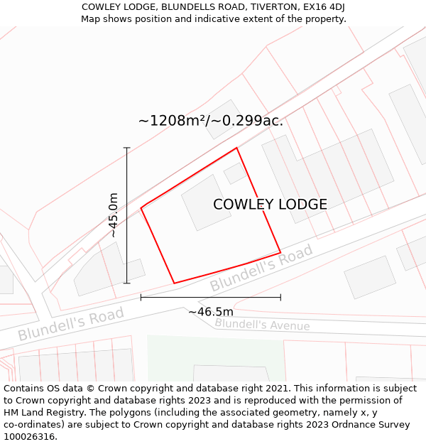 COWLEY LODGE, BLUNDELLS ROAD, TIVERTON, EX16 4DJ: Plot and title map