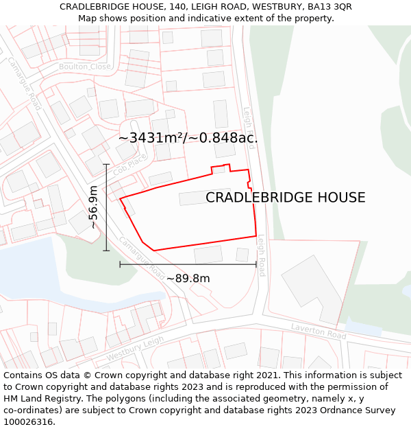 CRADLEBRIDGE HOUSE, 140, LEIGH ROAD, WESTBURY, BA13 3QR: Plot and title map