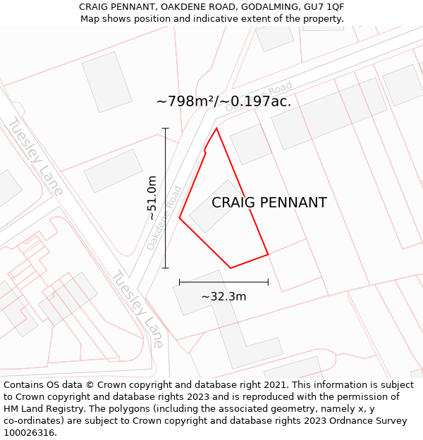 CRAIG PENNANT, OAKDENE ROAD, GODALMING, GU7 1QF: Plot and title map