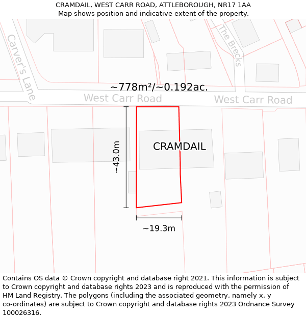 CRAMDAIL, WEST CARR ROAD, ATTLEBOROUGH, NR17 1AA: Plot and title map