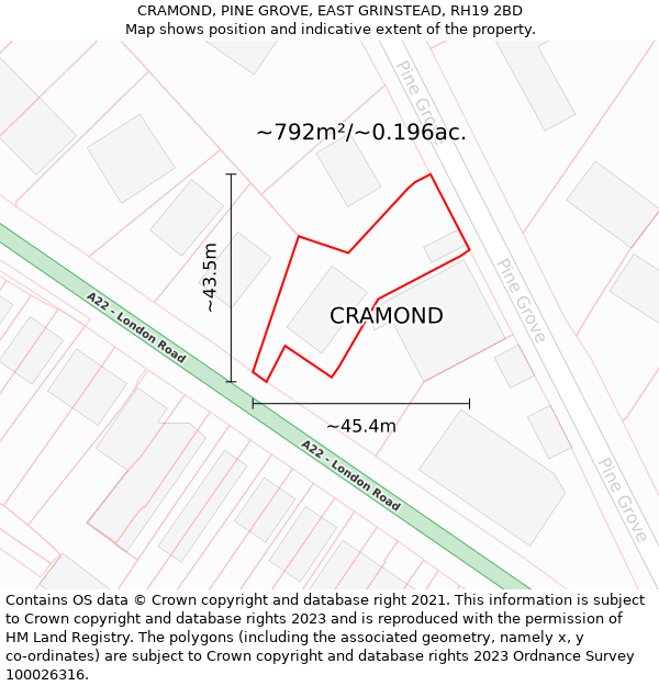 CRAMOND, PINE GROVE, EAST GRINSTEAD, RH19 2BD: Plot and title map