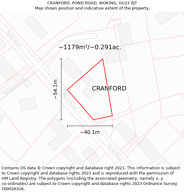 CRANFORD, POND ROAD, WOKING, GU22 0JT: Plot and title map