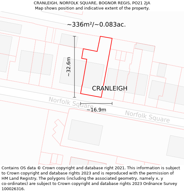 CRANLEIGH, NORFOLK SQUARE, BOGNOR REGIS, PO21 2JA: Plot and title map