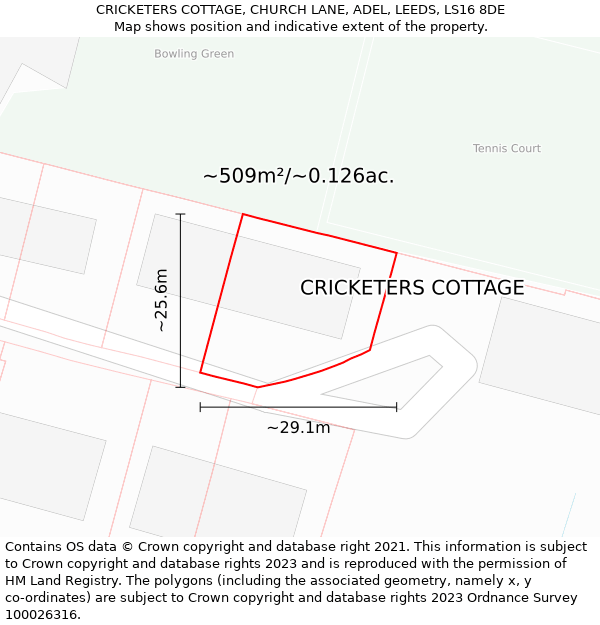 CRICKETERS COTTAGE, CHURCH LANE, ADEL, LEEDS, LS16 8DE: Plot and title map