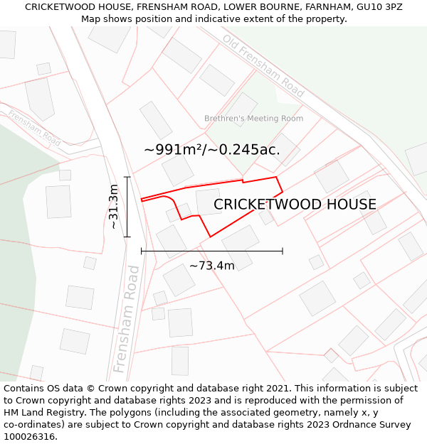 CRICKETWOOD HOUSE, FRENSHAM ROAD, LOWER BOURNE, FARNHAM, GU10 3PZ: Plot and title map
