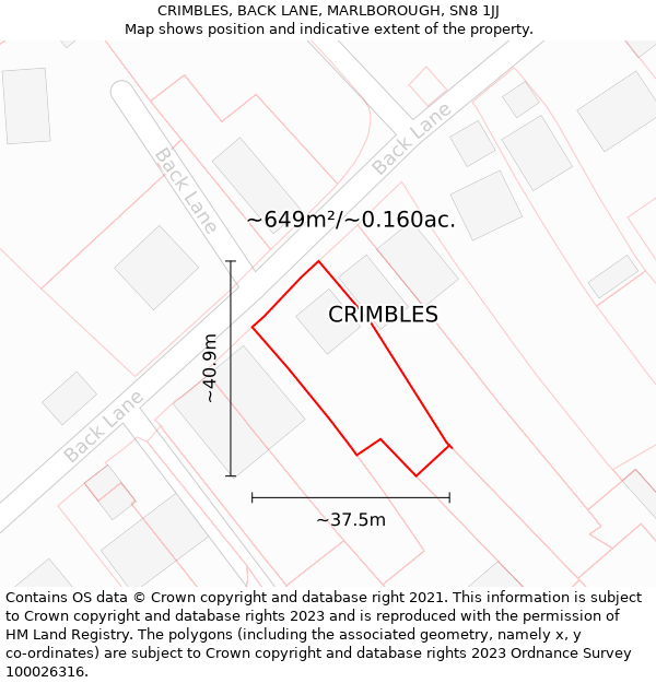 CRIMBLES, BACK LANE, MARLBOROUGH, SN8 1JJ: Plot and title map