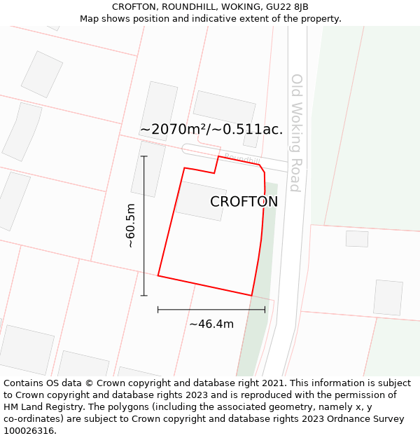CROFTON, ROUNDHILL, WOKING, GU22 8JB: Plot and title map
