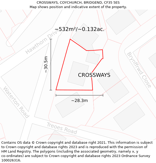 CROSSWAYS, COYCHURCH, BRIDGEND, CF35 5ES: Plot and title map