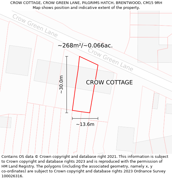 CROW COTTAGE, CROW GREEN LANE, PILGRIMS HATCH, BRENTWOOD, CM15 9RH: Plot and title map