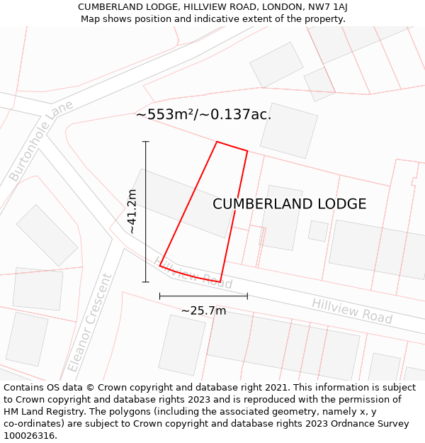 CUMBERLAND LODGE, HILLVIEW ROAD, LONDON, NW7 1AJ: Plot and title map