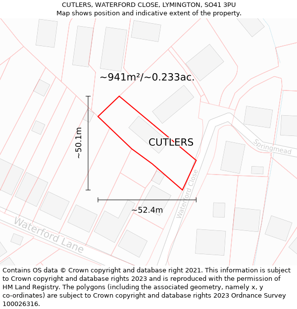 CUTLERS, WATERFORD CLOSE, LYMINGTON, SO41 3PU: Plot and title map