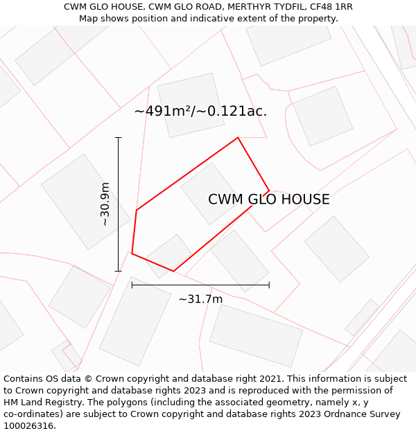 CWM GLO HOUSE, CWM GLO ROAD, MERTHYR TYDFIL, CF48 1RR: Plot and title map