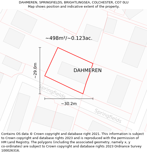 DAHMEREN, SPRINGFIELDS, BRIGHTLINGSEA, COLCHESTER, CO7 0LU: Plot and title map