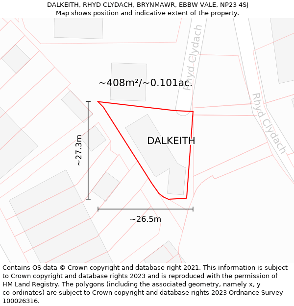 DALKEITH, RHYD CLYDACH, BRYNMAWR, EBBW VALE, NP23 4SJ: Plot and title map