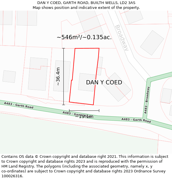 DAN Y COED, GARTH ROAD, BUILTH WELLS, LD2 3AS: Plot and title map