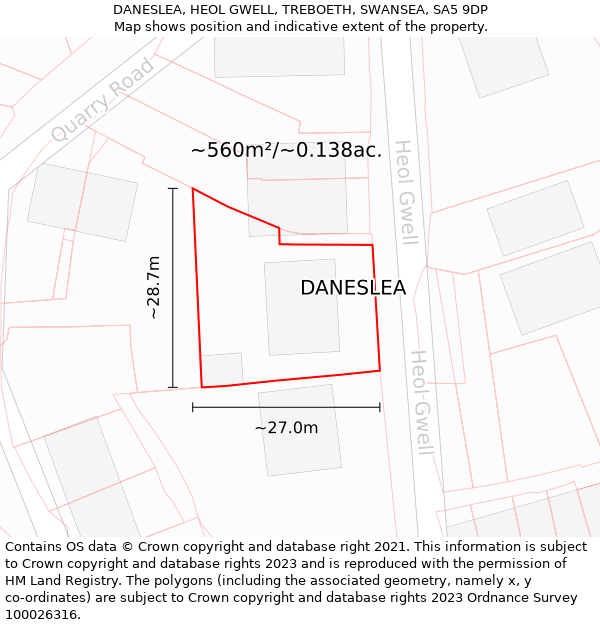 DANESLEA, HEOL GWELL, TREBOETH, SWANSEA, SA5 9DP: Plot and title map