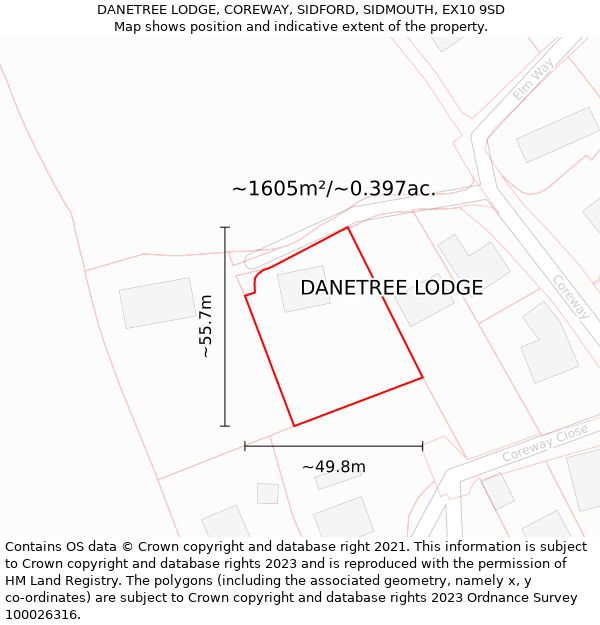 DANETREE LODGE, COREWAY, SIDFORD, SIDMOUTH, EX10 9SD: Plot and title map