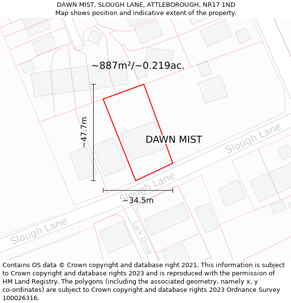 DAWN MIST, SLOUGH LANE, ATTLEBOROUGH, NR17 1ND: Plot and title map