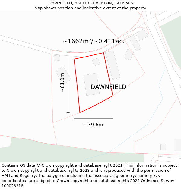 DAWNFIELD, ASHLEY, TIVERTON, EX16 5PA: Plot and title map