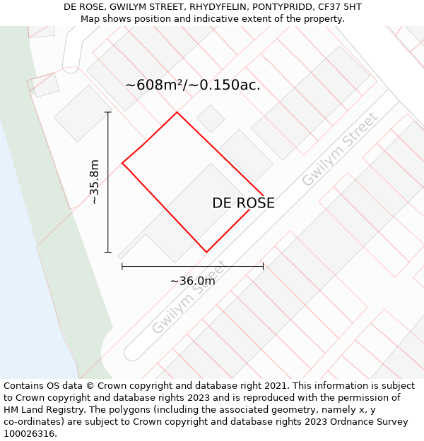 DE ROSE, GWILYM STREET, RHYDYFELIN, PONTYPRIDD, CF37 5HT: Plot and title map